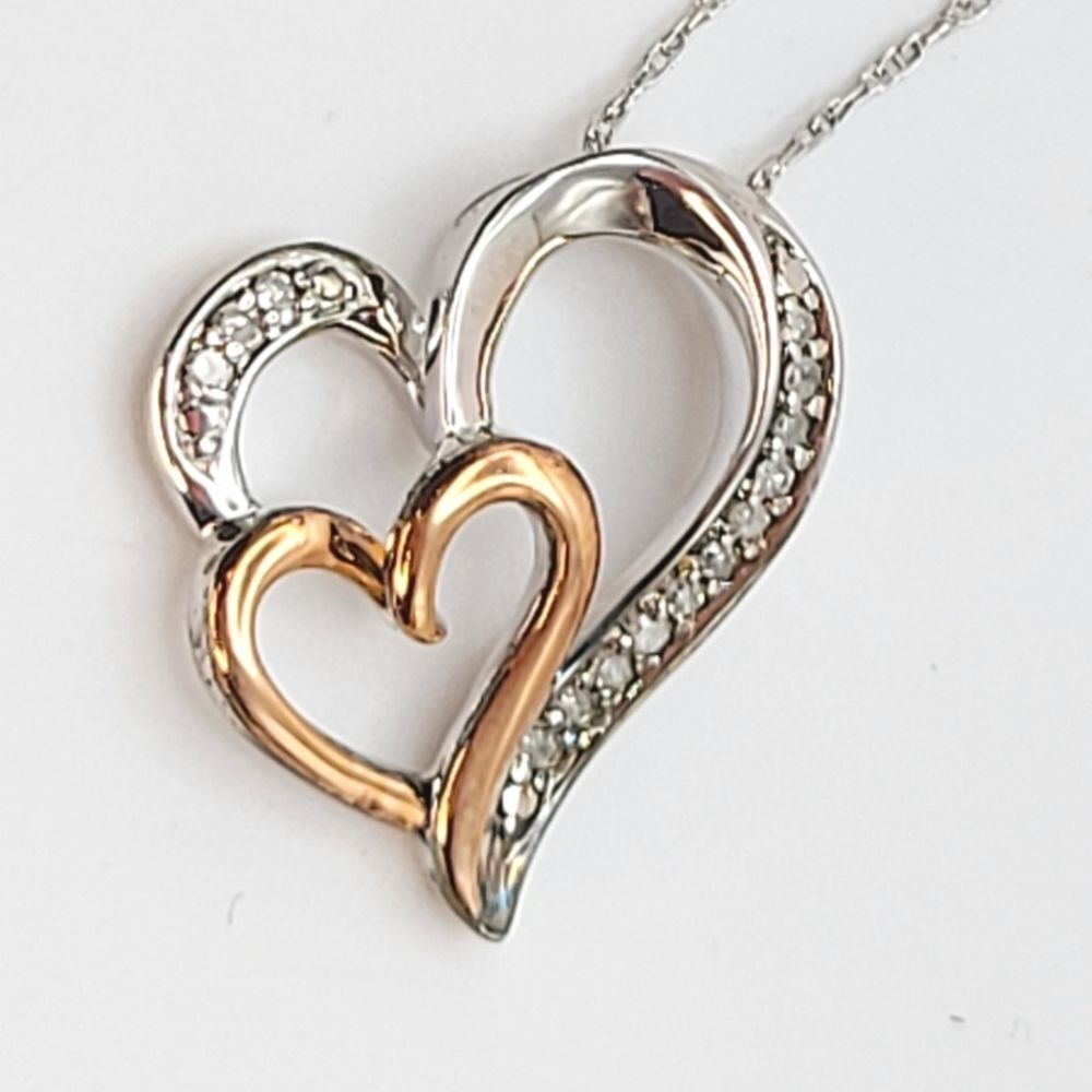 Necklace Diamond Double Heart Pendant in Sterling Silver and 14k Rose Gold
